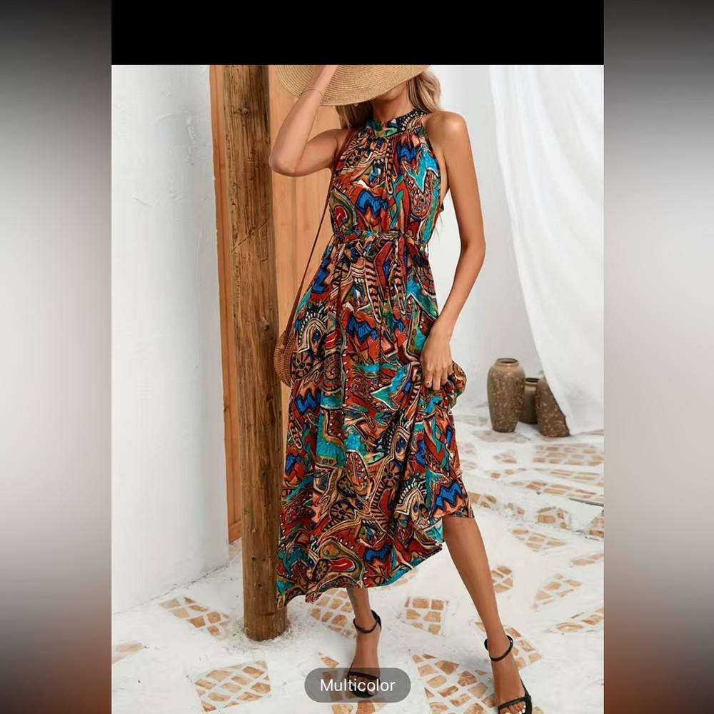 Abstract Print Sleeveless Dress, Boho High Waist Summer Maxi Dress,